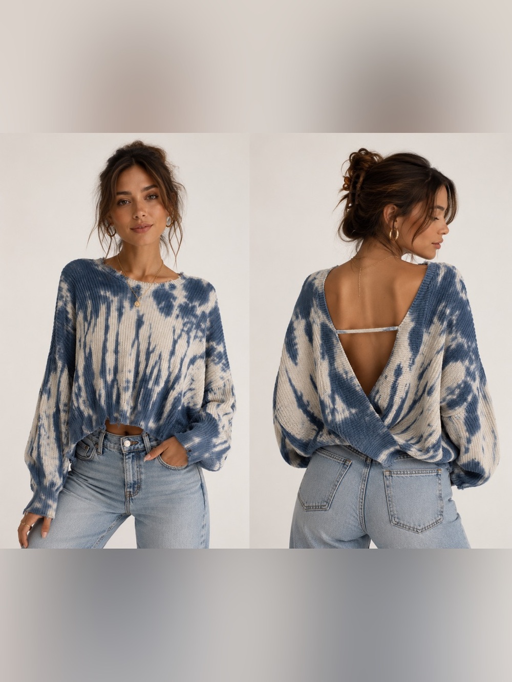 Vintage Havana Blue & White Cotton Tie-Dye‎ Open-Back Cropped Sweater Sz. S